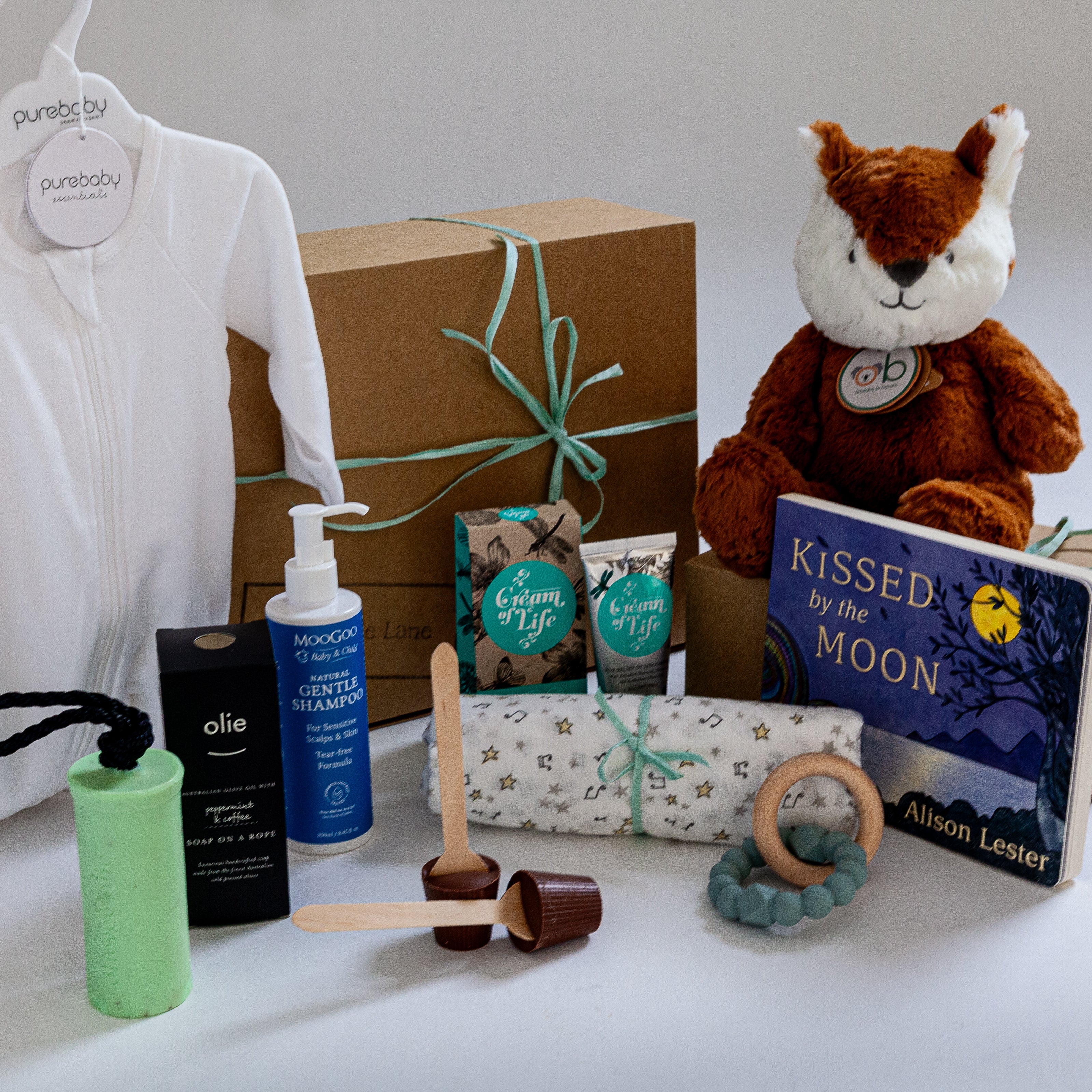 Frankie Fox baby hamper with organic growsuit and Australian gifts for new mum