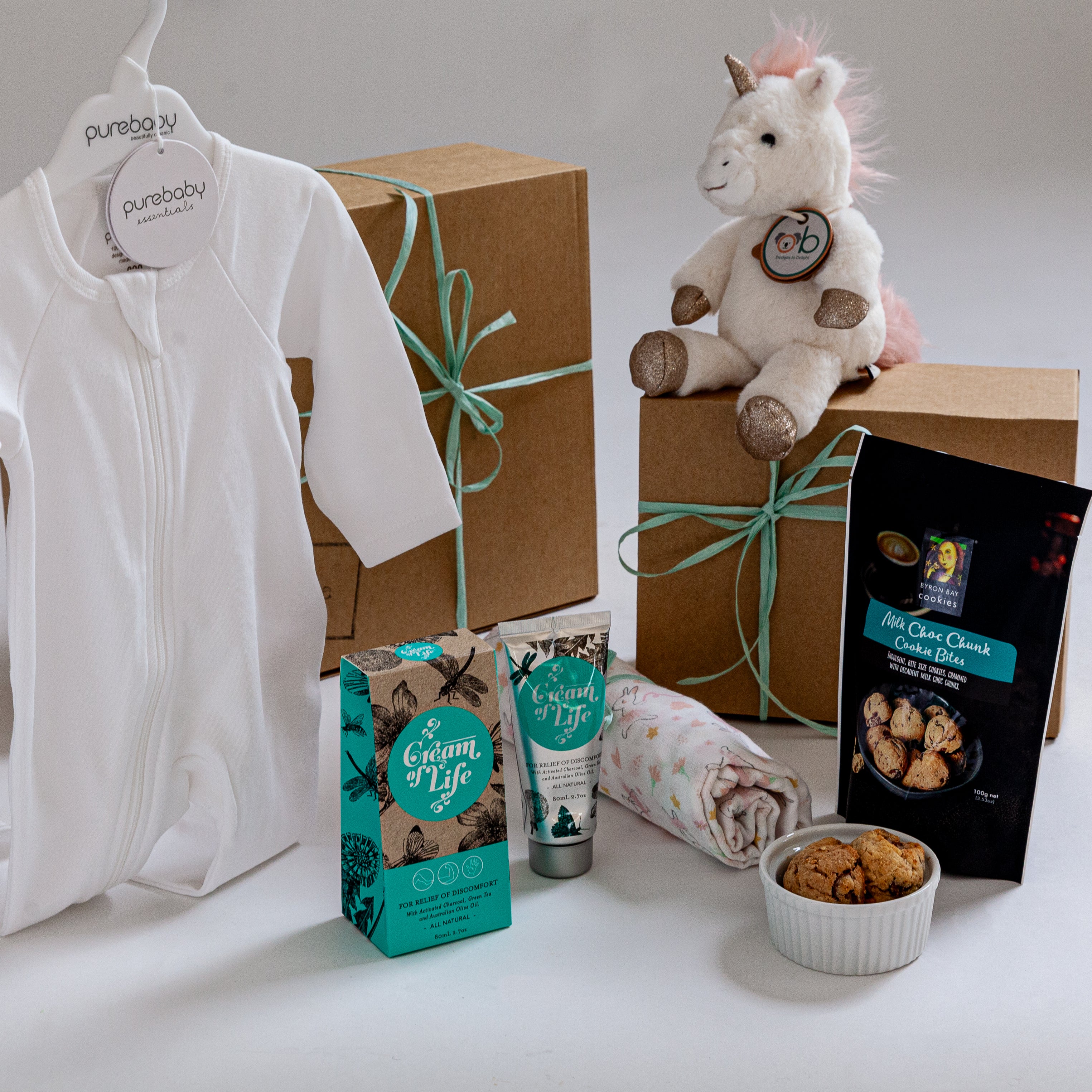 Unicorn Wishes baby gift box with Little Misty Unicorn toy and Australian baby essentials