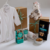 Unicorn Wishes baby gift box with Little Misty Unicorn toy and Australian baby essentials