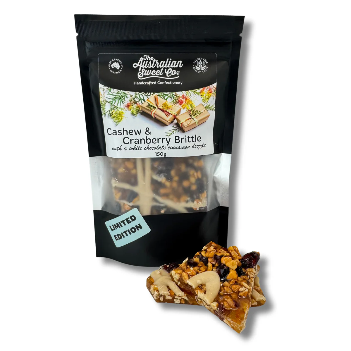 Cashew and Cranberry with White Chocolate Cinnamon Drizzle Brittle 150g pack