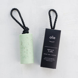 Peppermint and Coffee Soap on a Rope by Olieve & Olie